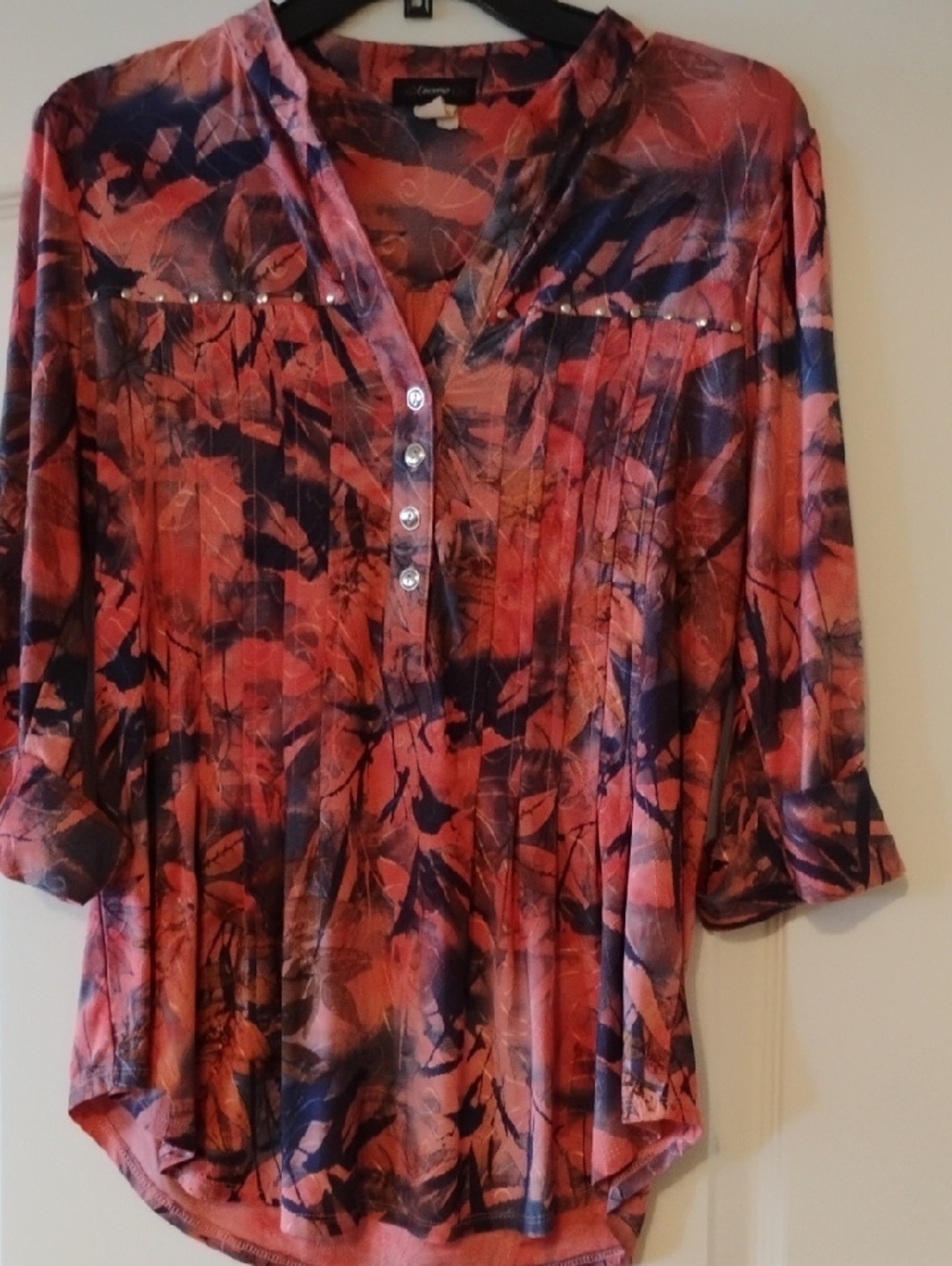 Coral & Navy Floral Pintuck Henley Tunic